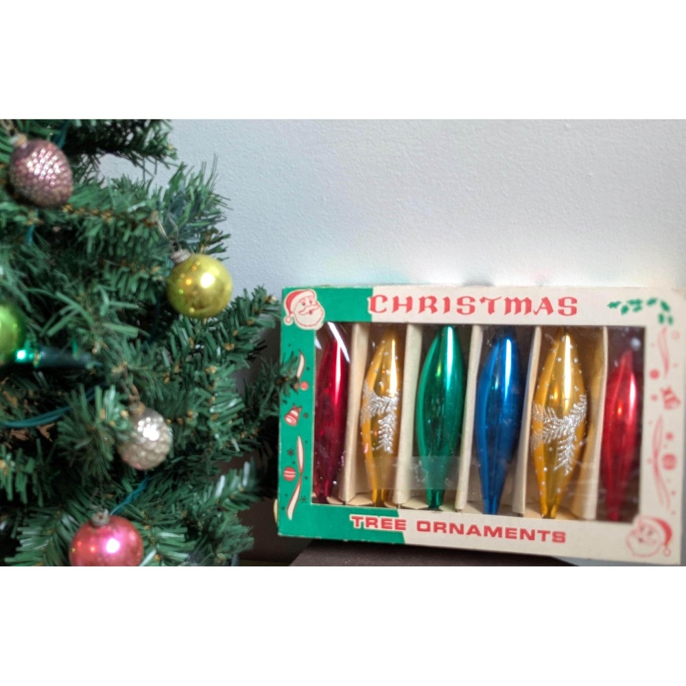 Vintage Mercury Glass Christmas Ornaments Set of 6 in Original Box